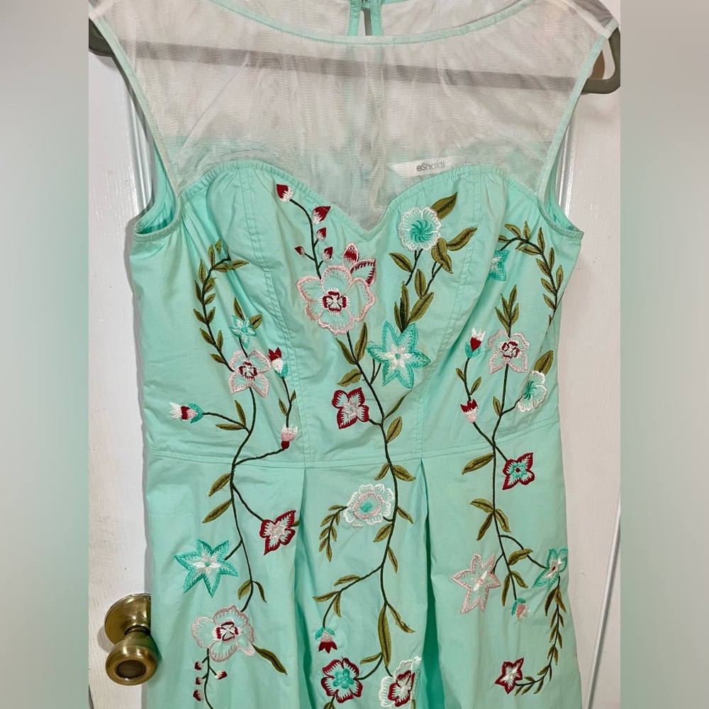 Eshakti Dress Size Large 12 Embroidered Teal Sheer Neckline Floral Lined - Picture 9 of 11